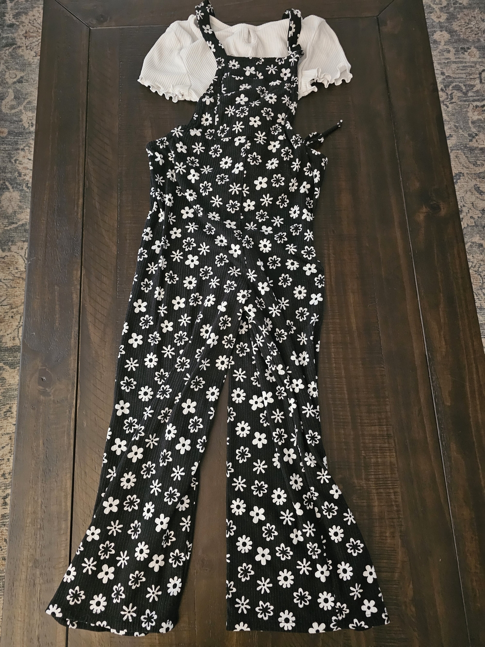 Girls' Black Daisy Print Overalls with White Tee